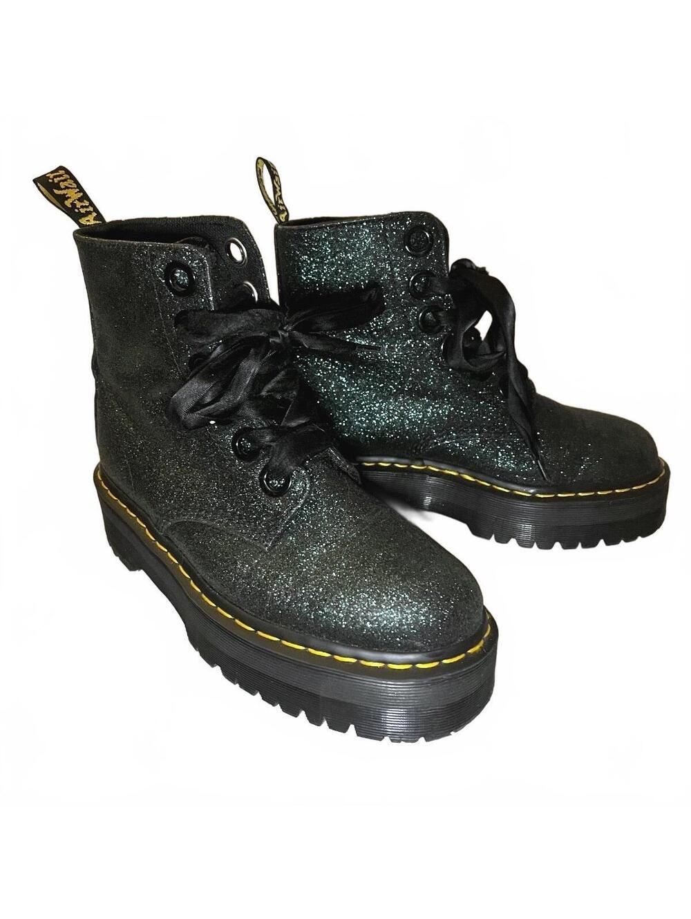 Dr. Martens Molly GLTR Green Glitter Platform Combat Boots US 9